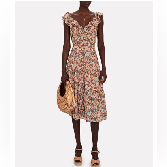 Veronica Beard Malgosia Floral Print Button Front Ruffle Midi Dress Sz 6 Cotton - Picture 2 of 16